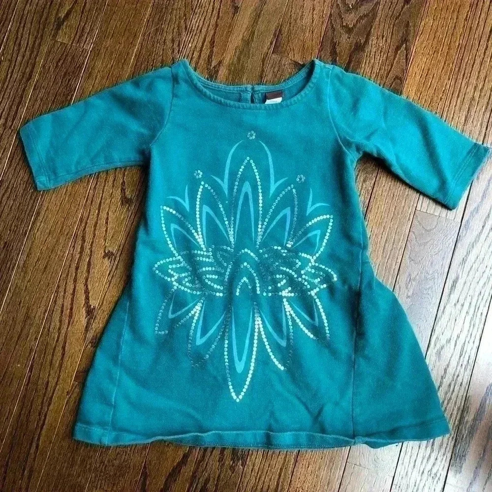 Tea Collection Girls 3Y Green A-Line Silver/Blue Flower Thick Cotton Dress